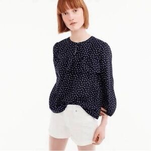 J Crew Navy Blue Cherry Print Ruffle Blouse Silk & Cotton Blend Size Medium